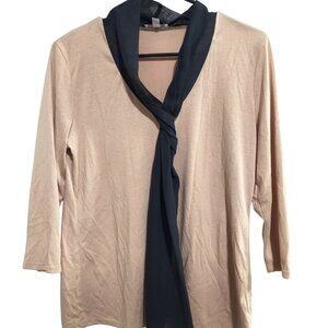 Charming Charlie Size Medium Black Tie Neck Top Beige 3/4 Sleeve
